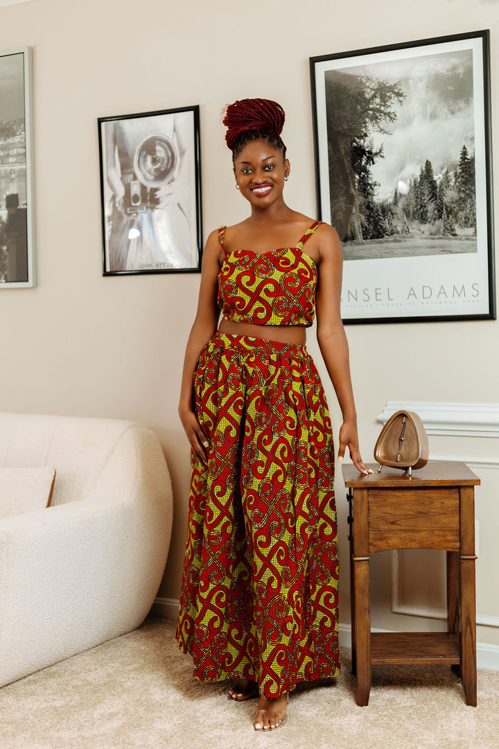 African Print Maxi Skirt Crop Top Set-Donna