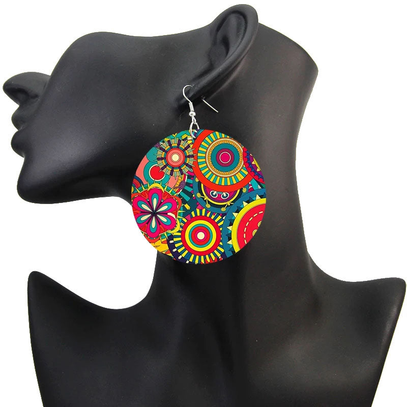 African Print Wooden Geometric Earrings (Floral)