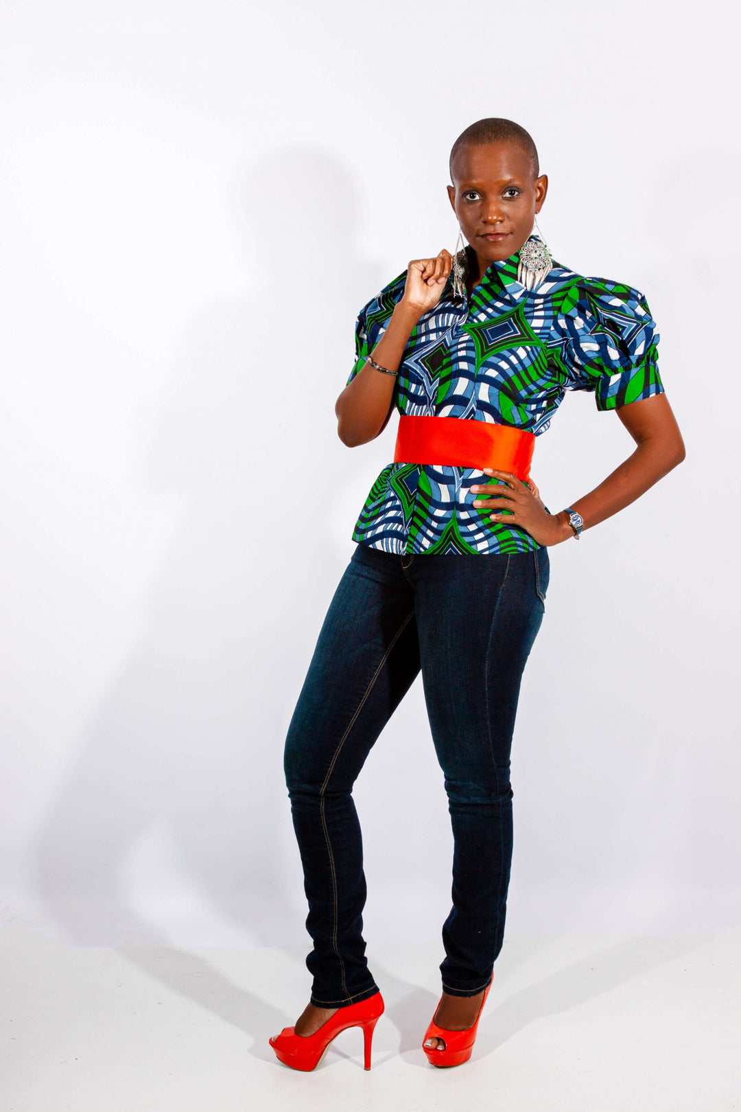 African Print Puffy Sleeve Collar Shirt (Belt Not Included)