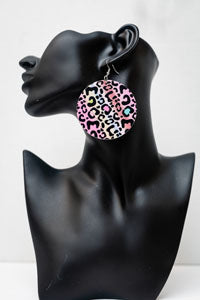 Wooden Leopard Print Earrings (Pink)