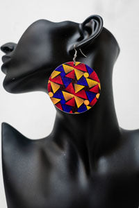 African Print Wooden Geometric Earrings (Blue Geometrics)