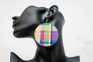 African Print Wooden Geometric Earrings (Neon Plaid)