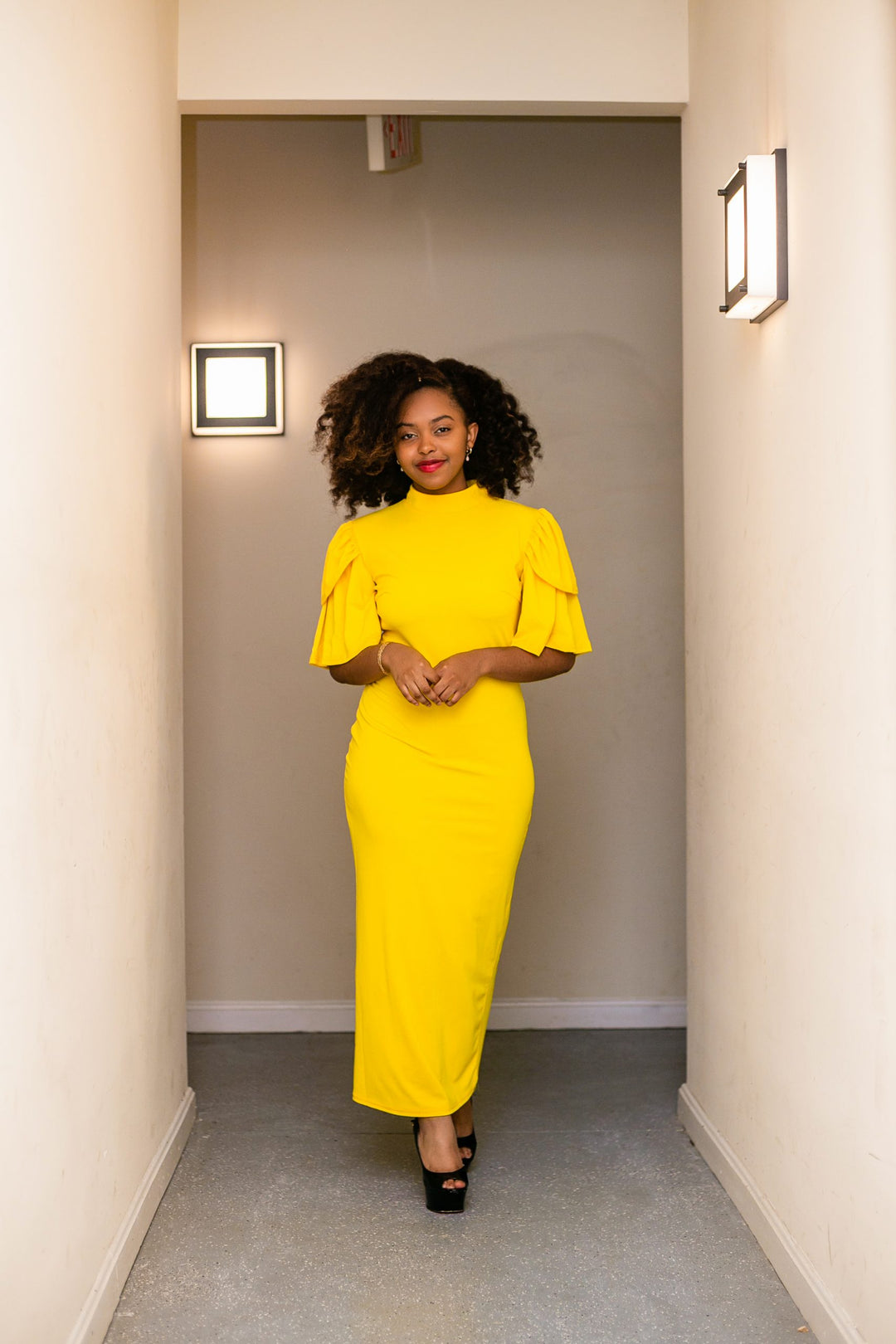 Fluffy Sleeve Dress-Canary Yellow