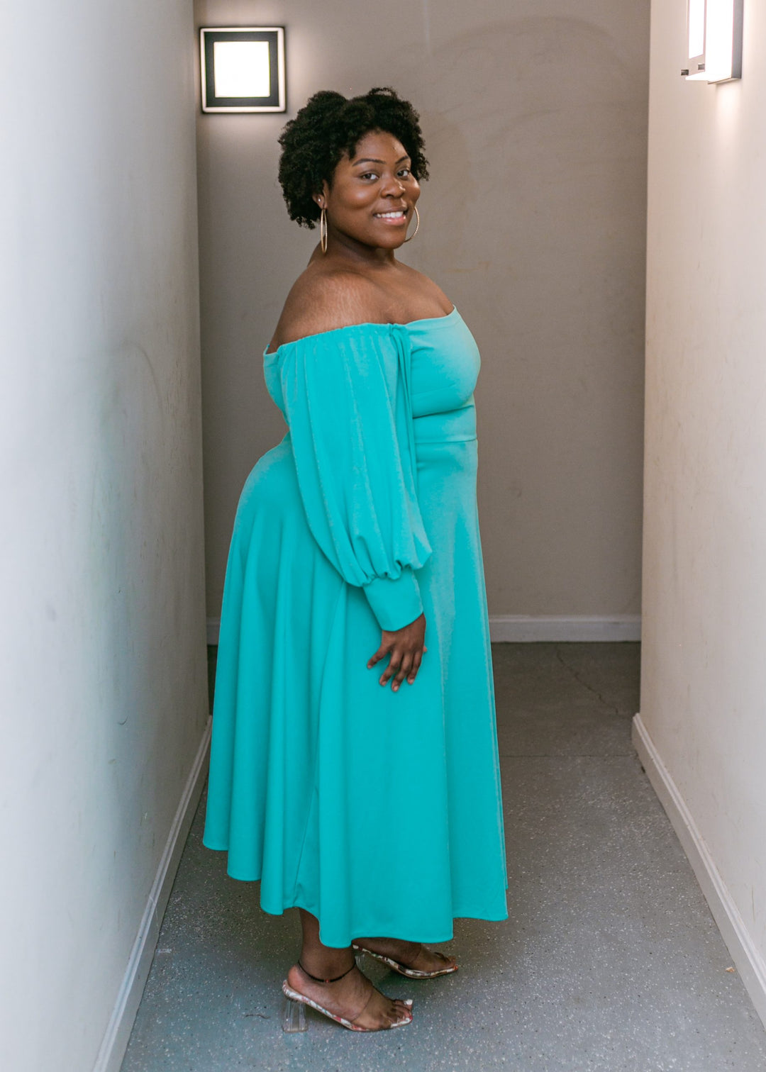 Green Bubble Sleeve Off-Shoulder Dress