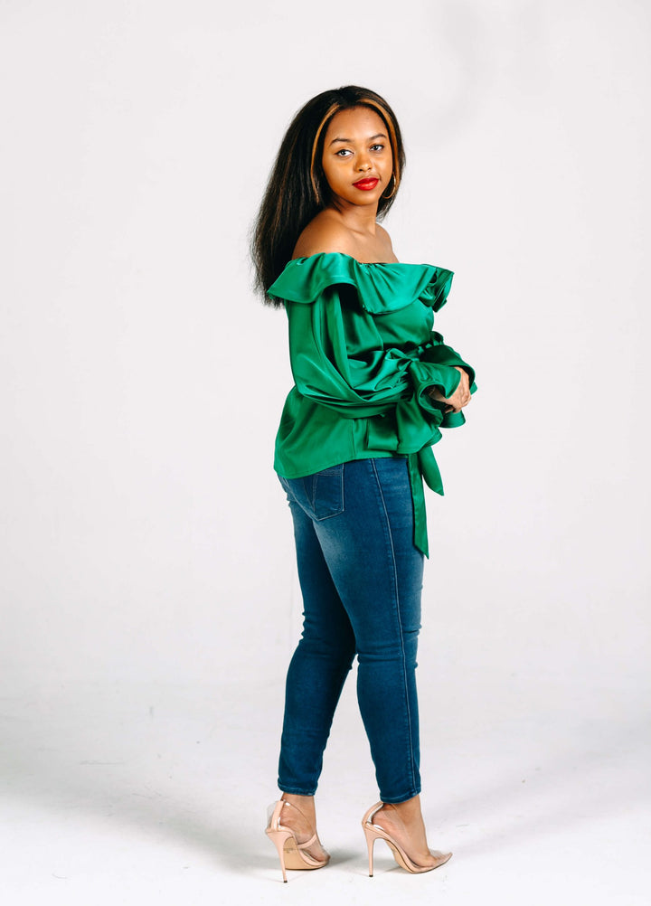 The Off Shoulder Annie Ruffle Blouse-Green