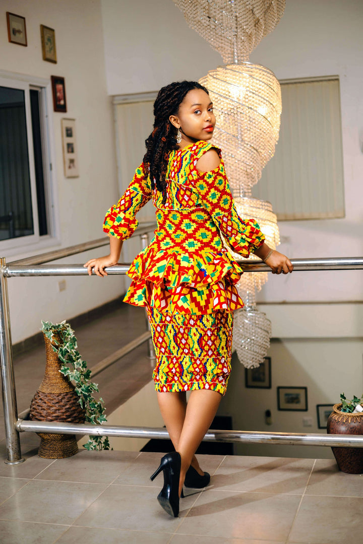African Print Two-Piece Cold Shoulder Kente Dress