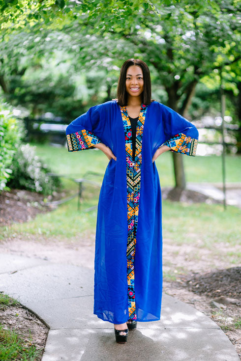 African Print Long Blouse Duster (Blue)
