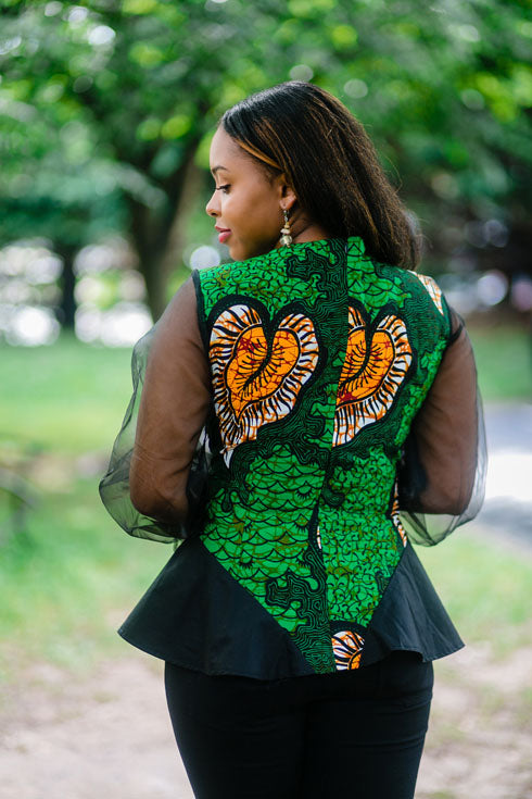 African Print Sheer Sleeve Blouse