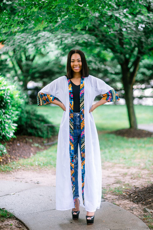African Print Long Blouse Duster (White)