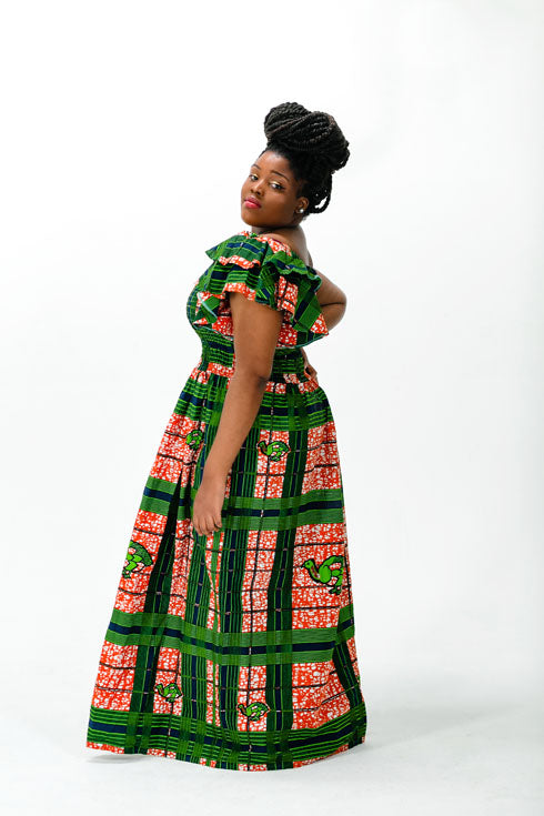 African Print the New Doris Maxi Dress-Orange/Green