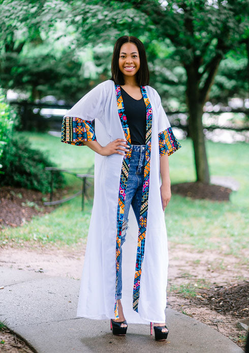 African Print Long Blouse Duster (White)