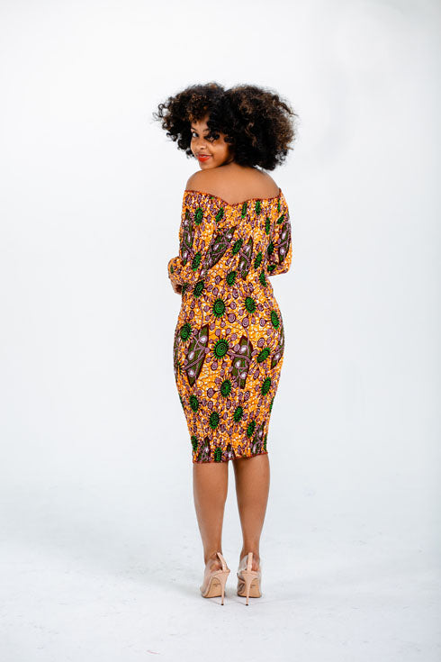 African Print Off Shoulder Take a Seat Dress-Orange/Multi