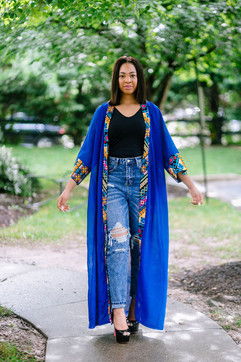 African Print Long Blouse Duster (Blue)