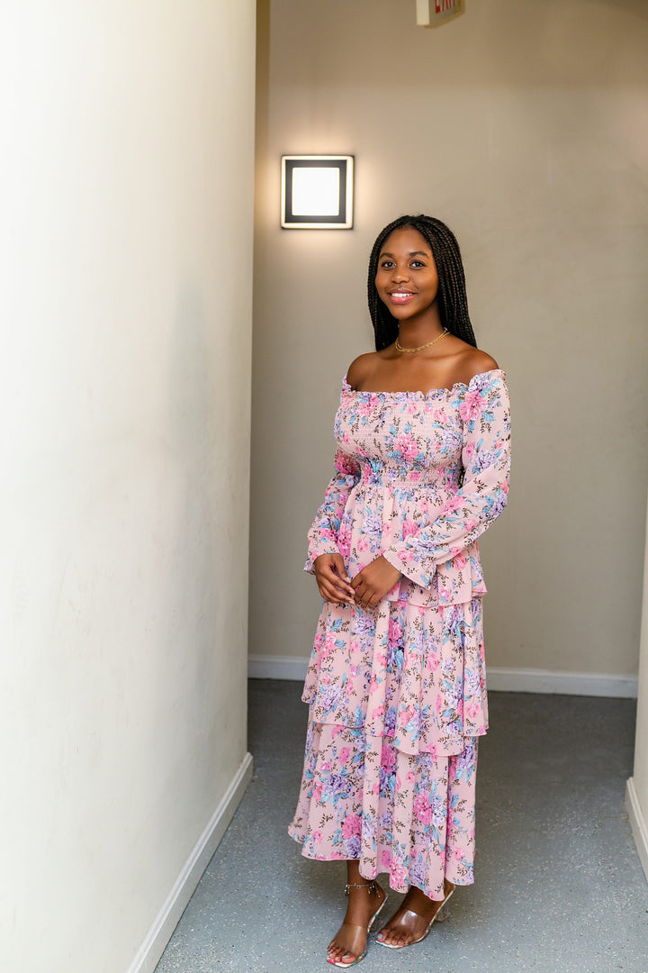 Off shoulder Sisters Dress Fushia front view