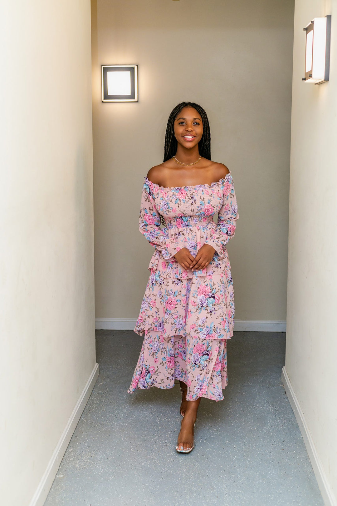 Off shoulder Sisters Dress Fushia - model view