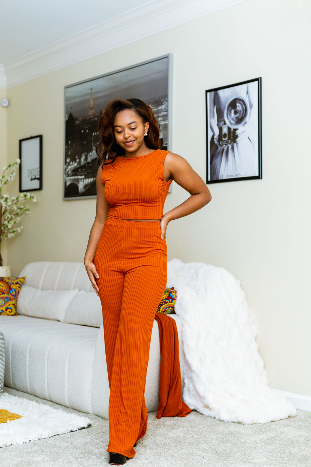 Three Piece Crop Top Pant and Jacket Set orange front view