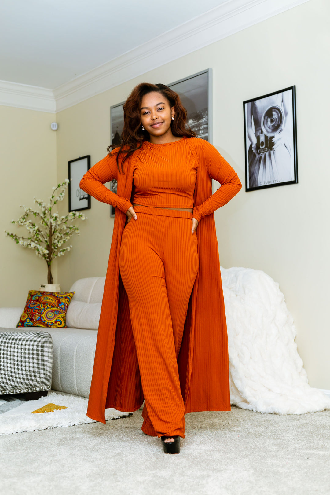 Three Piece Crop Top Pant and Jacket Set orange full view