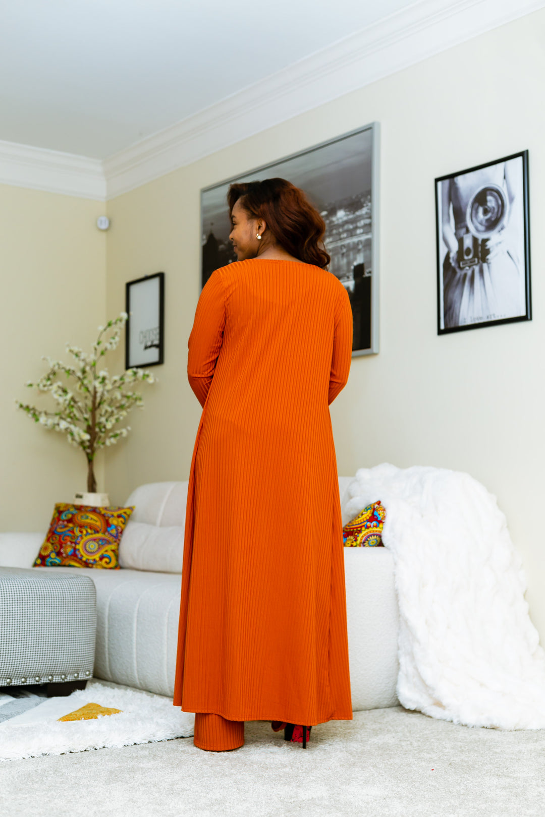 Three Piece Crop Top Pant and Jacket Set orange rear view