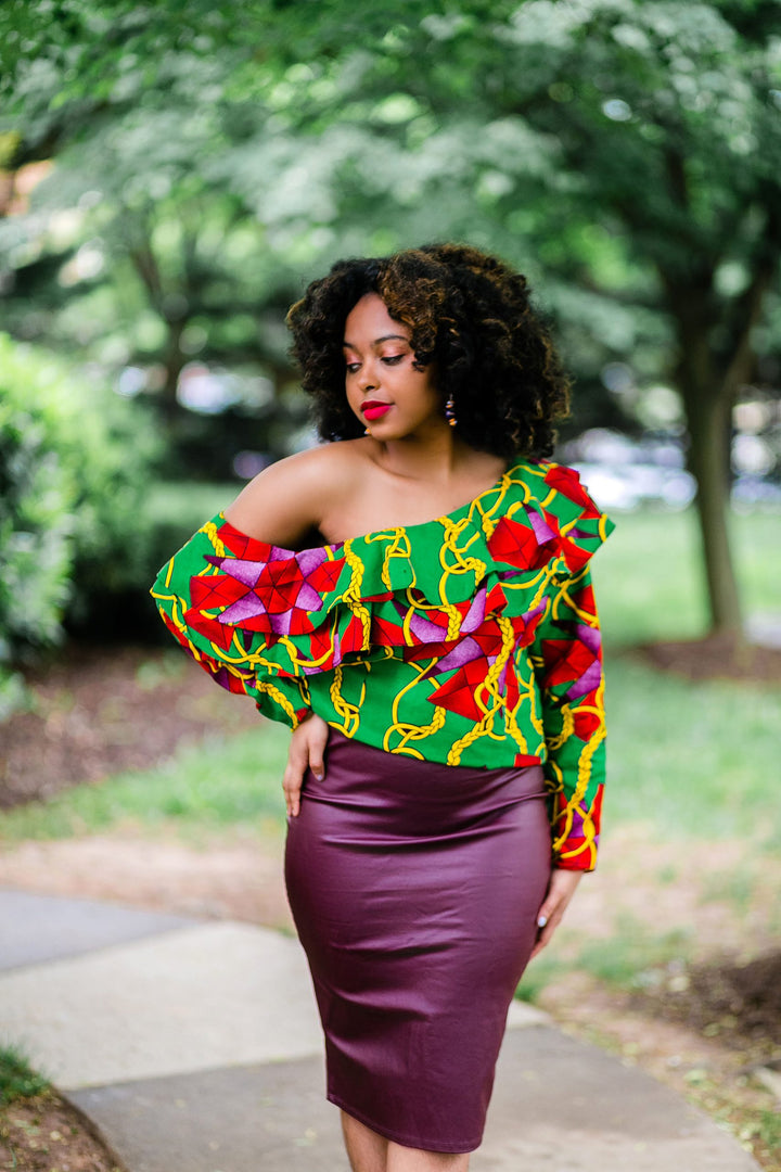 African Print Kiki Ruffle Blouse-Green