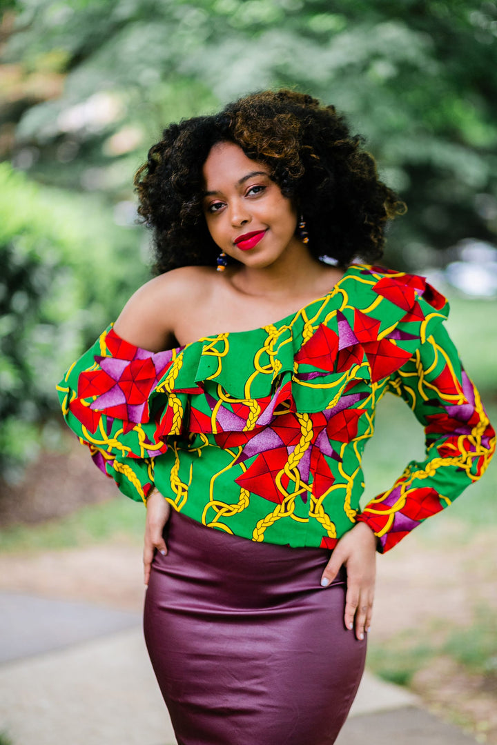 African Print Kiki Ruffle Blouse-Green
