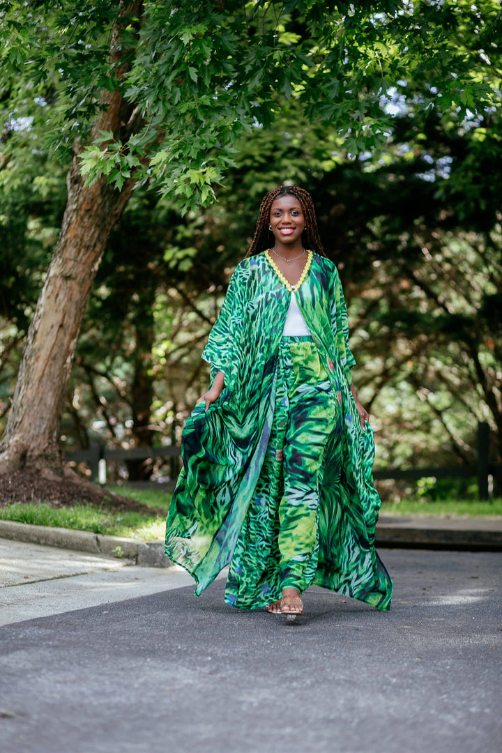 Two Piece Maxi Blouse Pant Set-Green