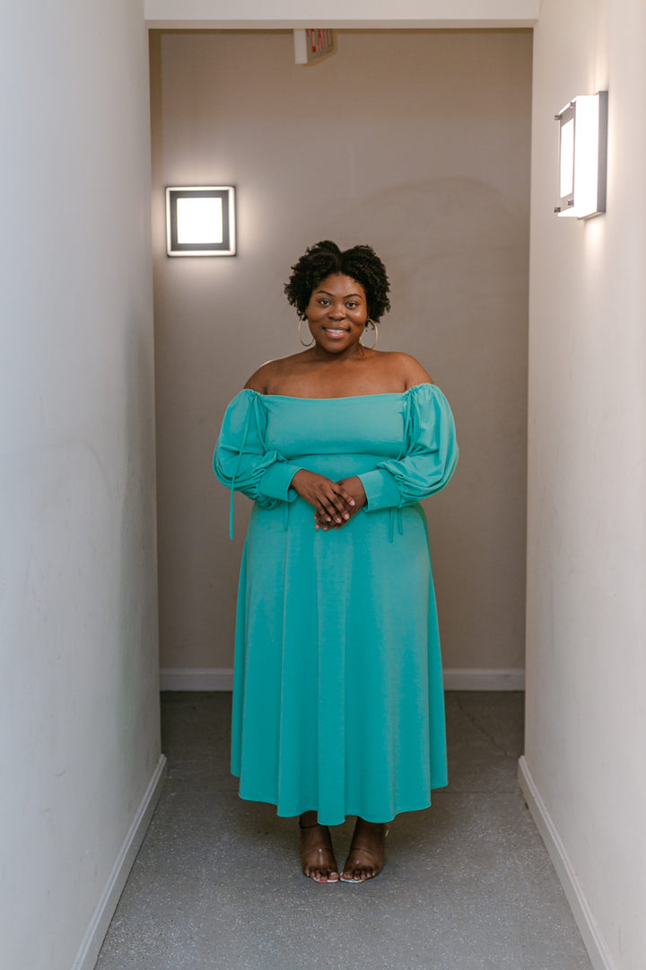 Green Bubble Sleeve Off-Shoulder Dress