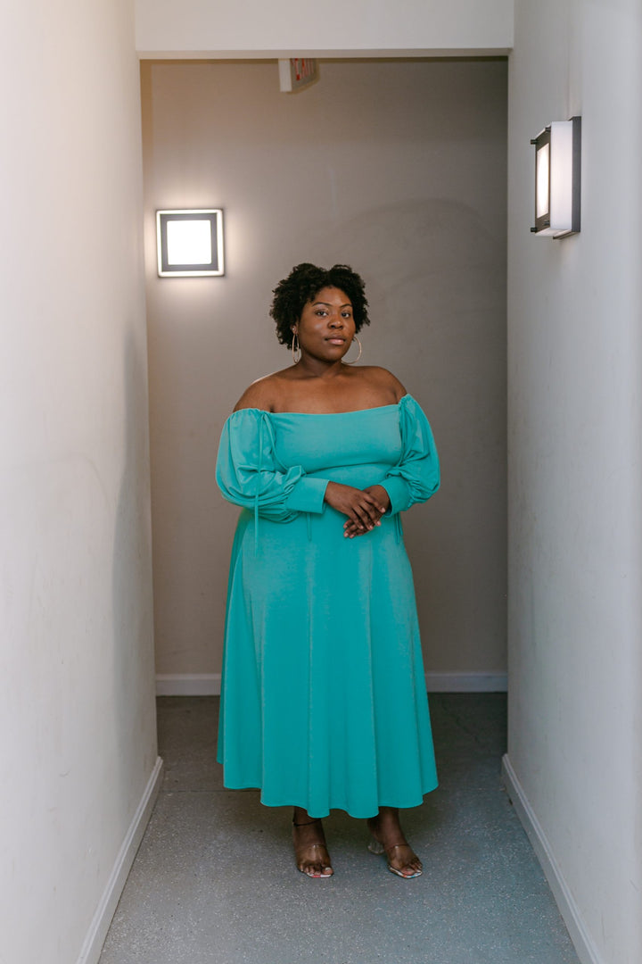 Green Bubble Sleeve Off-Shoulder Dress
