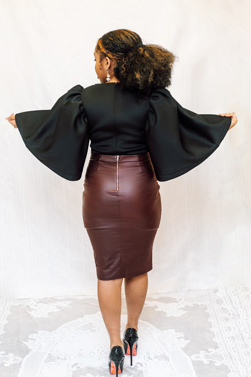 Puffy Sleeve Long Blouse-Black