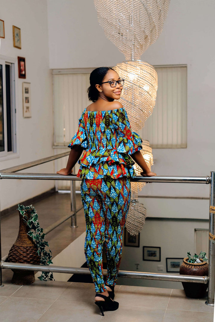 African Print Off-Shoulder Pant Set (Blue)