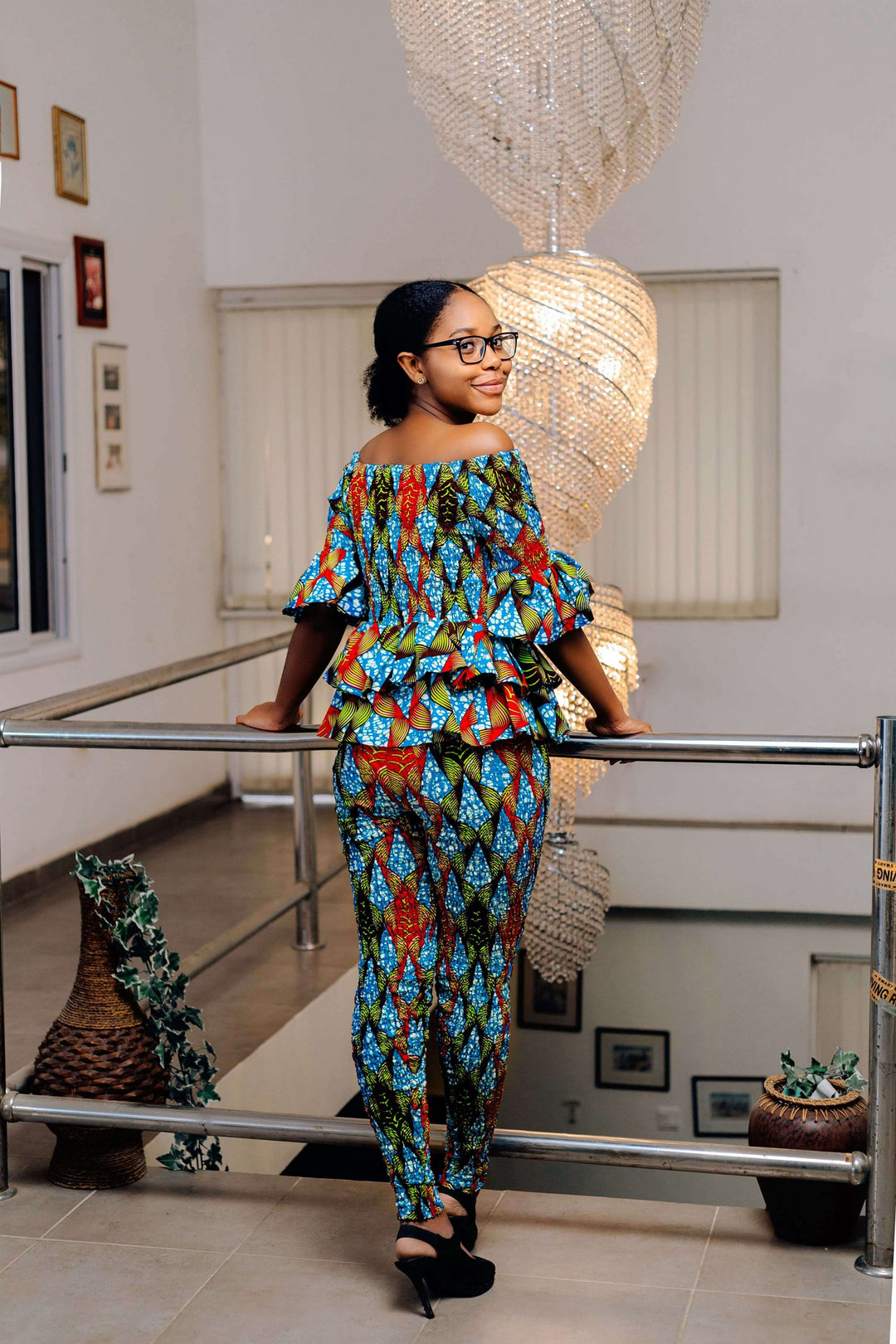 African Print Off-Shoulder Pant Set (Blue)