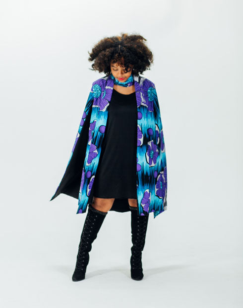 The African Print Thats sooo Elsie Cape Reversible Jacket-Blue/Multi