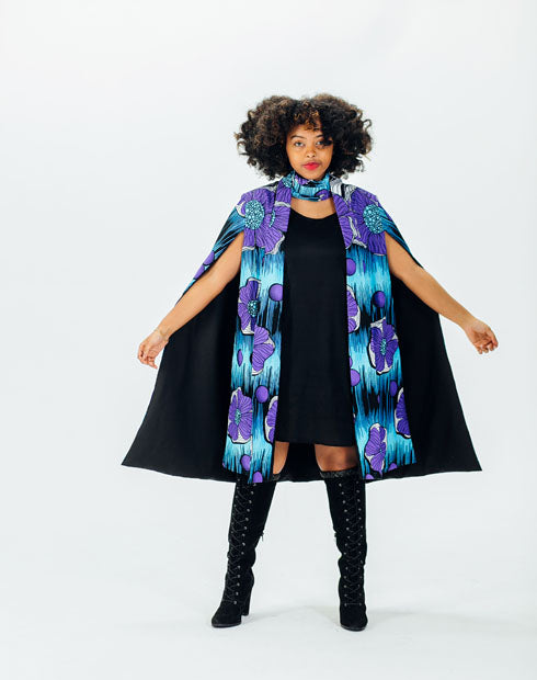 The African Print Thats sooo Elsie Cape Reversible Jacket-Blue/Multi