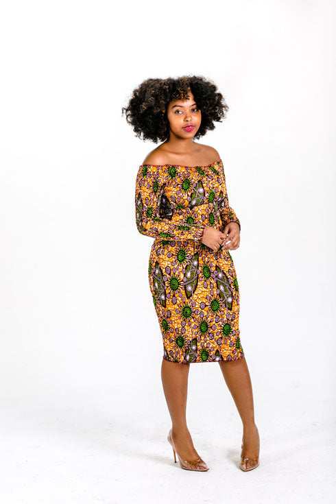 off shoulder dress african print African Print Off Shoulder Take a Seat Dress-Orange/Multi – AnnieLuv