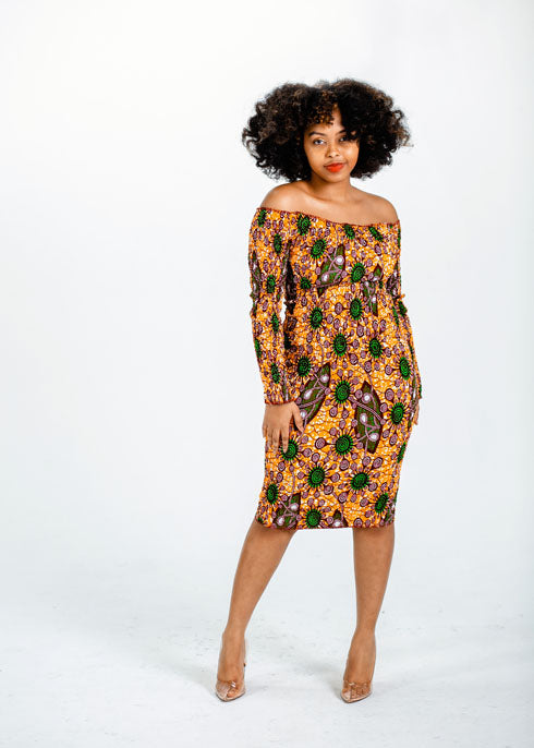 African Print Off Shoulder Take a Seat Dress-Orange/Multi